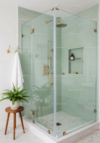 Modern Glass Shower with Mint Green Tiles and Brass Fixtures