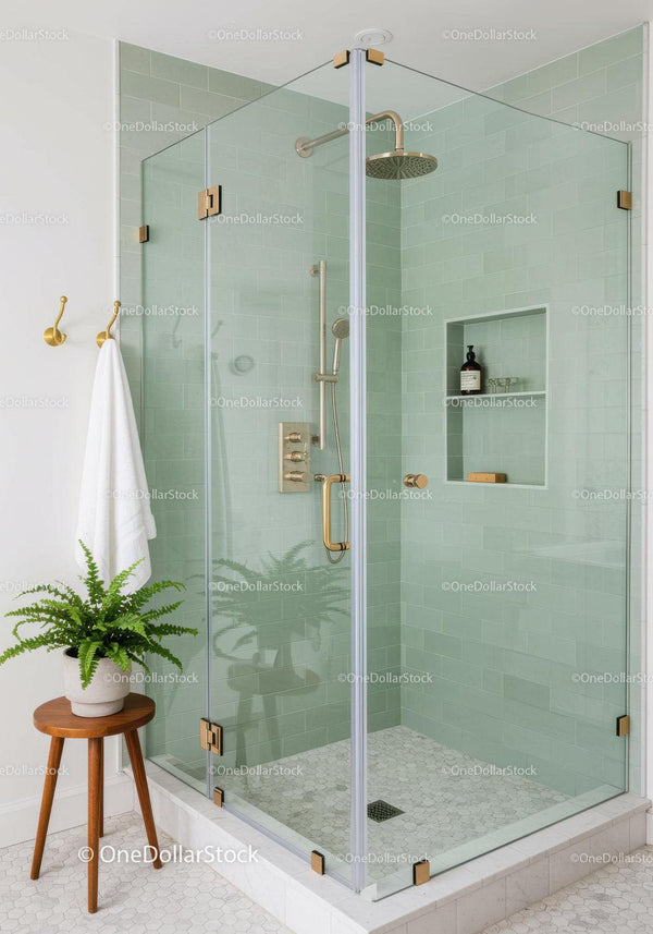Modern Glass Shower with Mint Green Tiles and Brass Fixtures