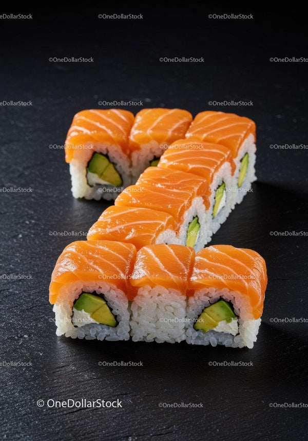 Fresh salmon avocado sushi rolls on dark slate