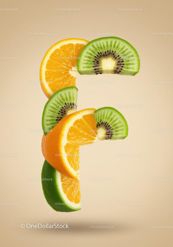 Fresh mixed fruit slices arranged in letter F