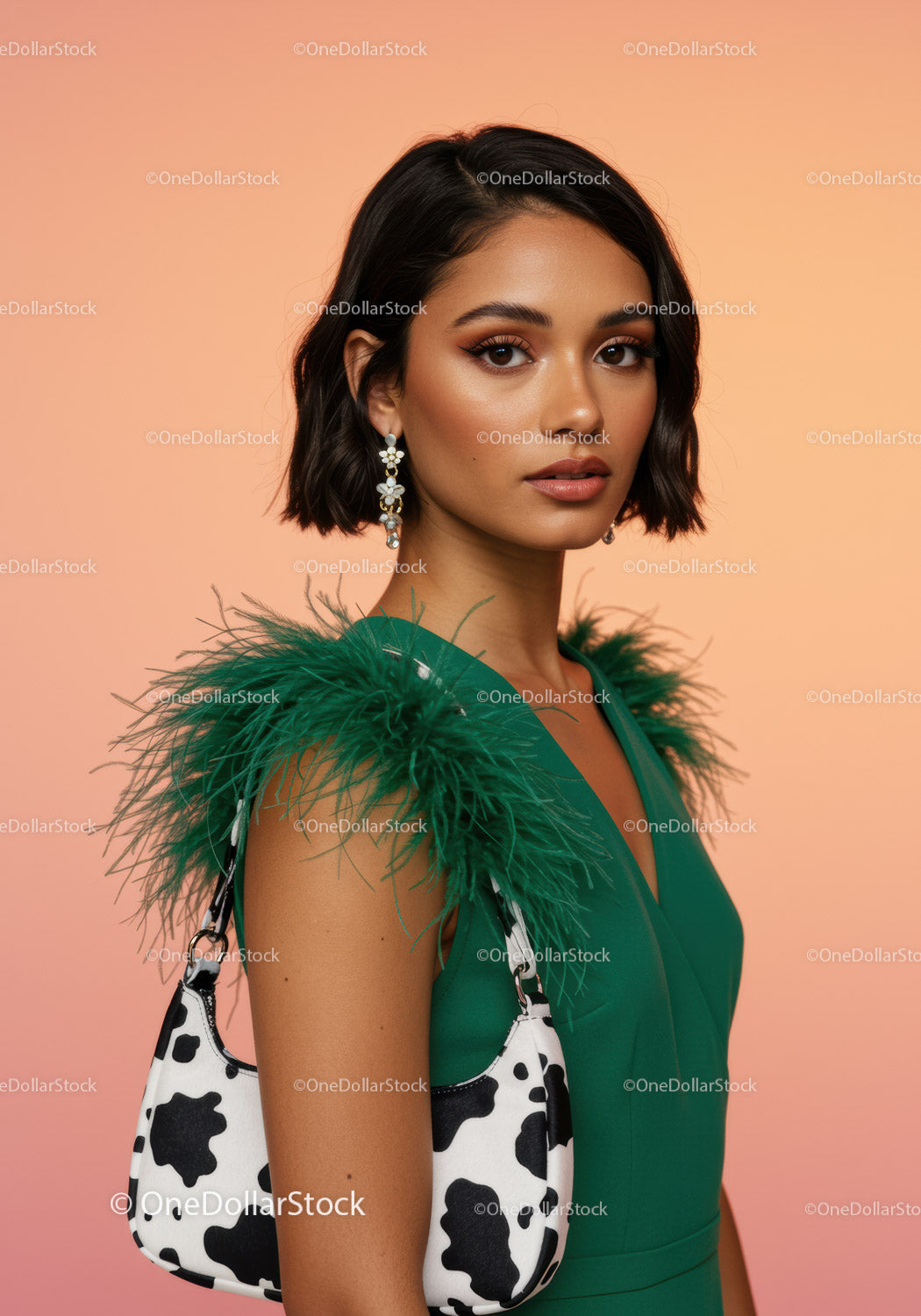 Elegant Woman Wearing Green Dress with Feather Detail and Cow Print Handbag