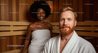 Happy Couple Relaxing in Sauna with Wooden Interior During Wellness Session
