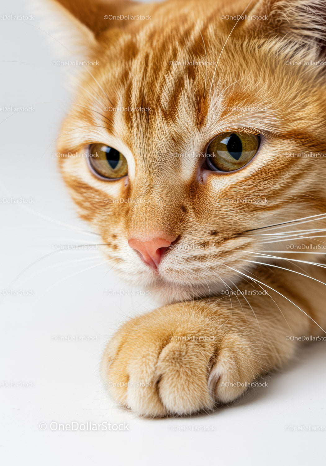 Close up of orange tabby cat resting paw