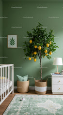 Bright Nursery with Lemon Tree, Green Wall, and Coordinated Decor