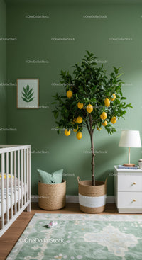 Bright Nursery with Lemon Tree, Green Wall, and Coordinated Decor
