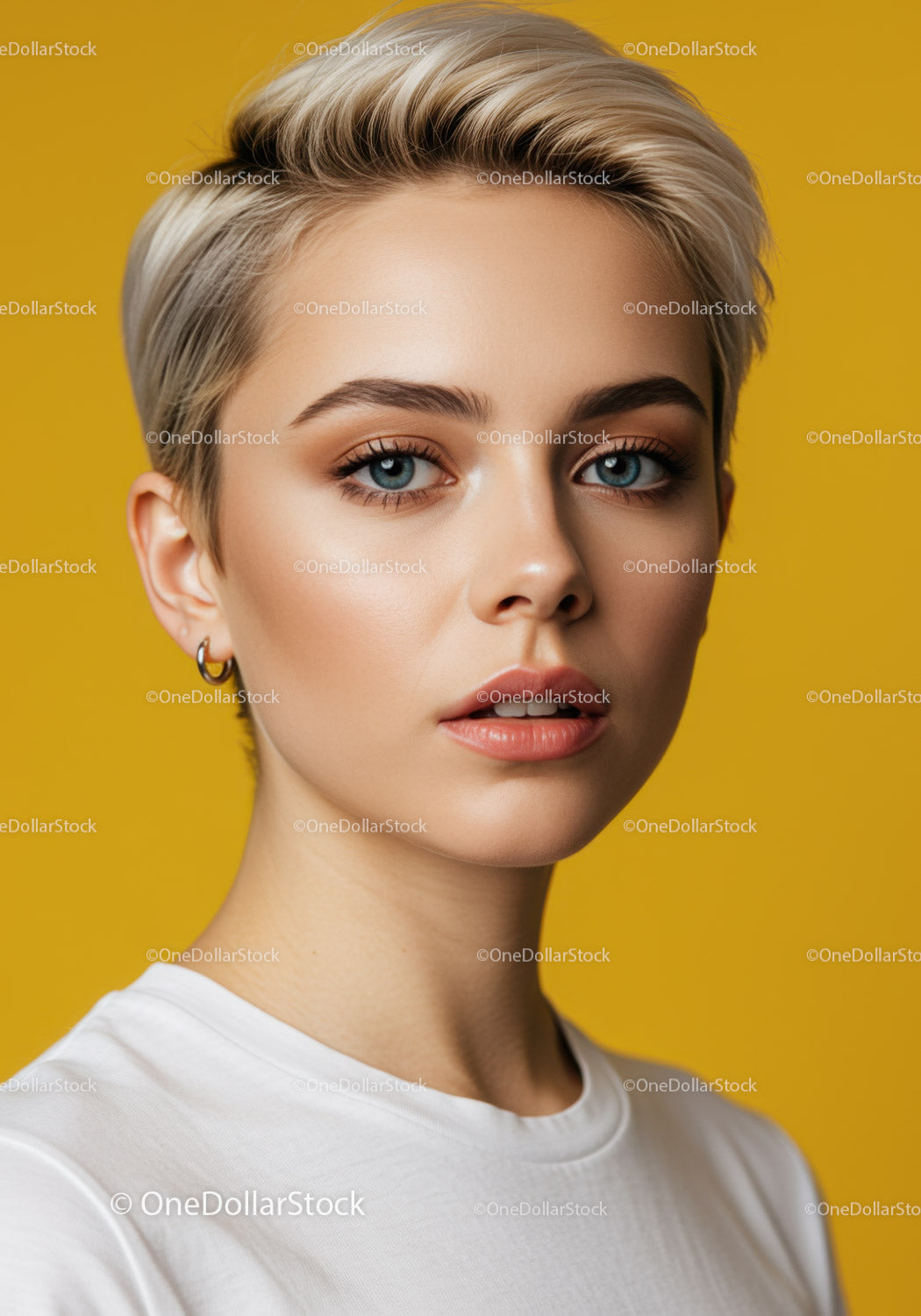 Portret młodej kobiety z krótkimi blond włosami i niebieskimi oczami