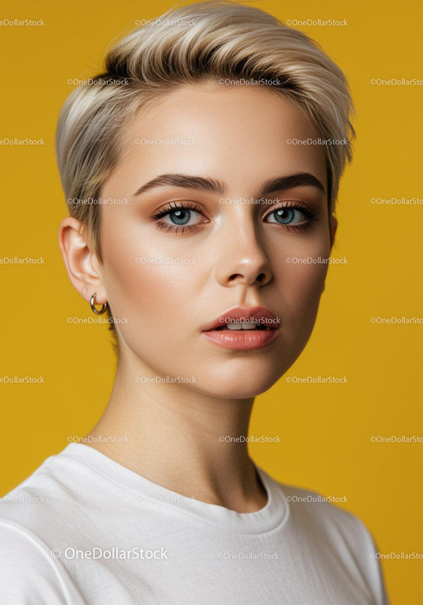 Close-up Portrait of Young Woman with Short Blonde Hair and Blue Eyes