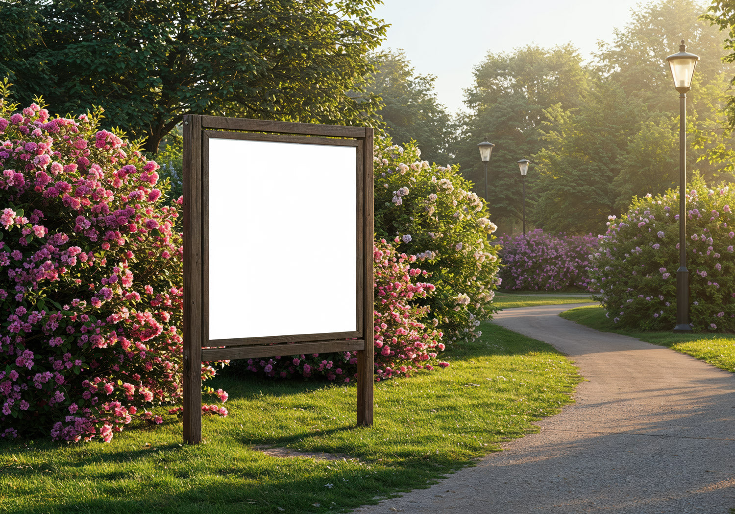 Sunny park path with blooming pink flower bushes
