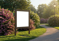Sunny park path with blooming pink flower bushes