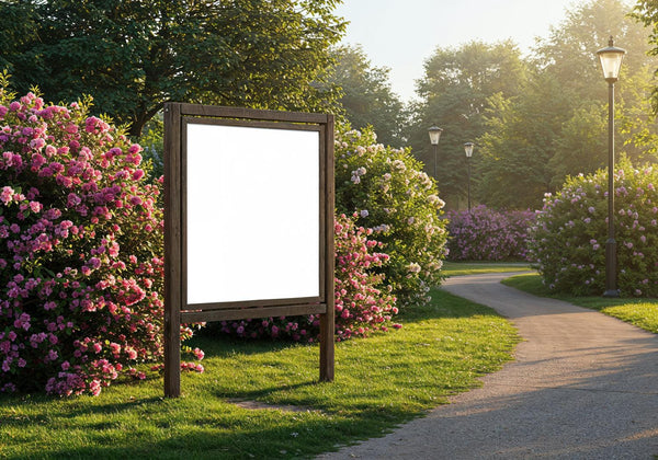 Sunny park path with blooming pink flower bushes JPG Mockup Image