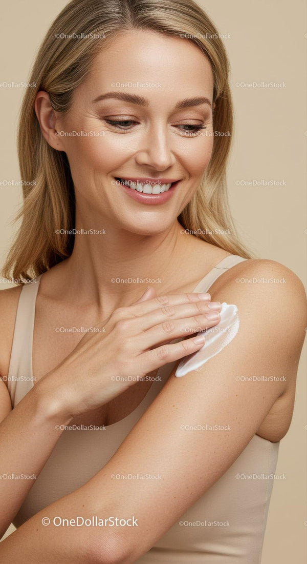 Smiling Woman Applying Lotion to Shoulder with Skincare Routine