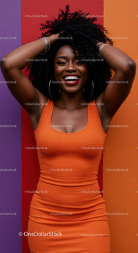 Vibrant Woman in Orange Dress Laughing with Colorful Background
