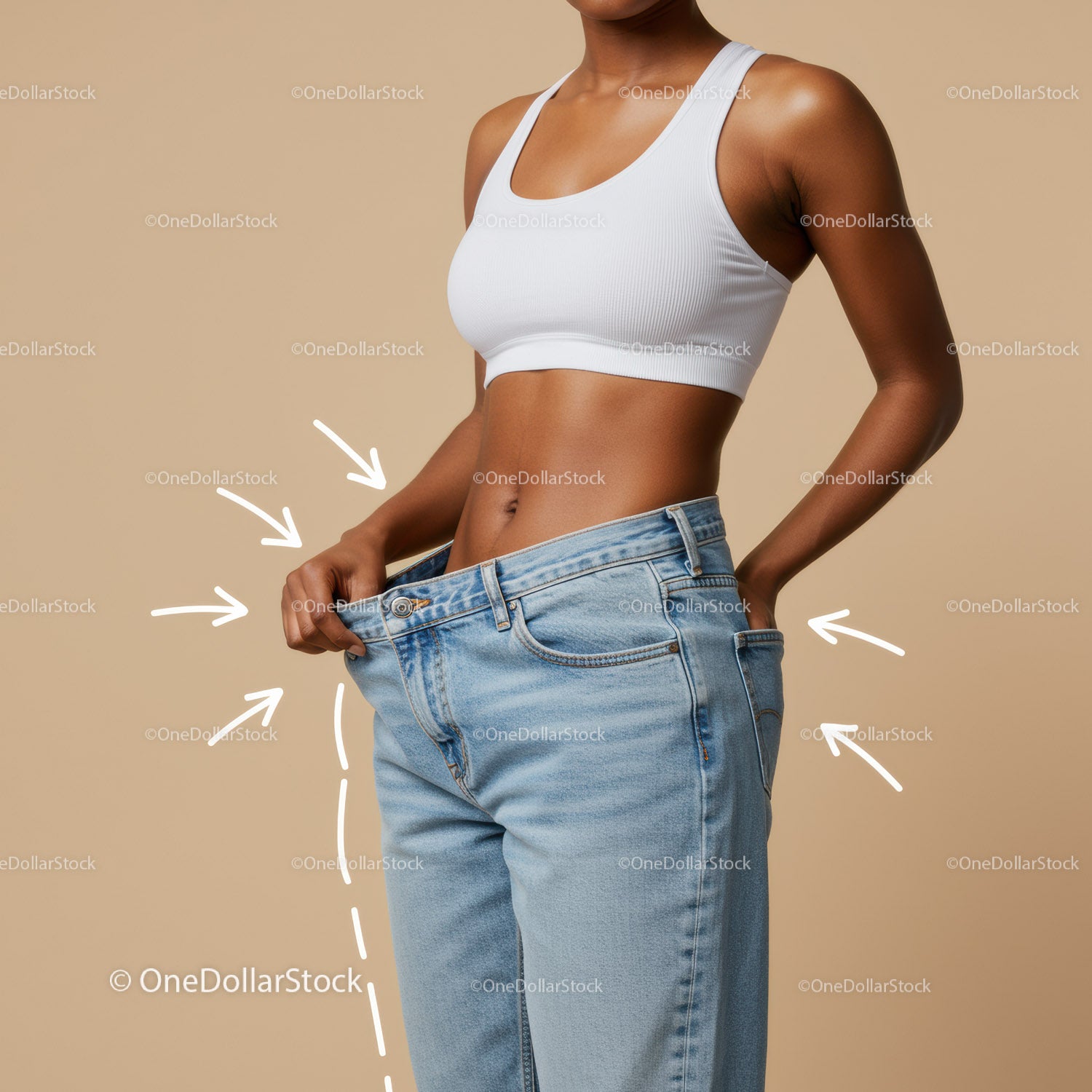 Woman in White Crop Top and Baggy Blue Jeans Holding Waist