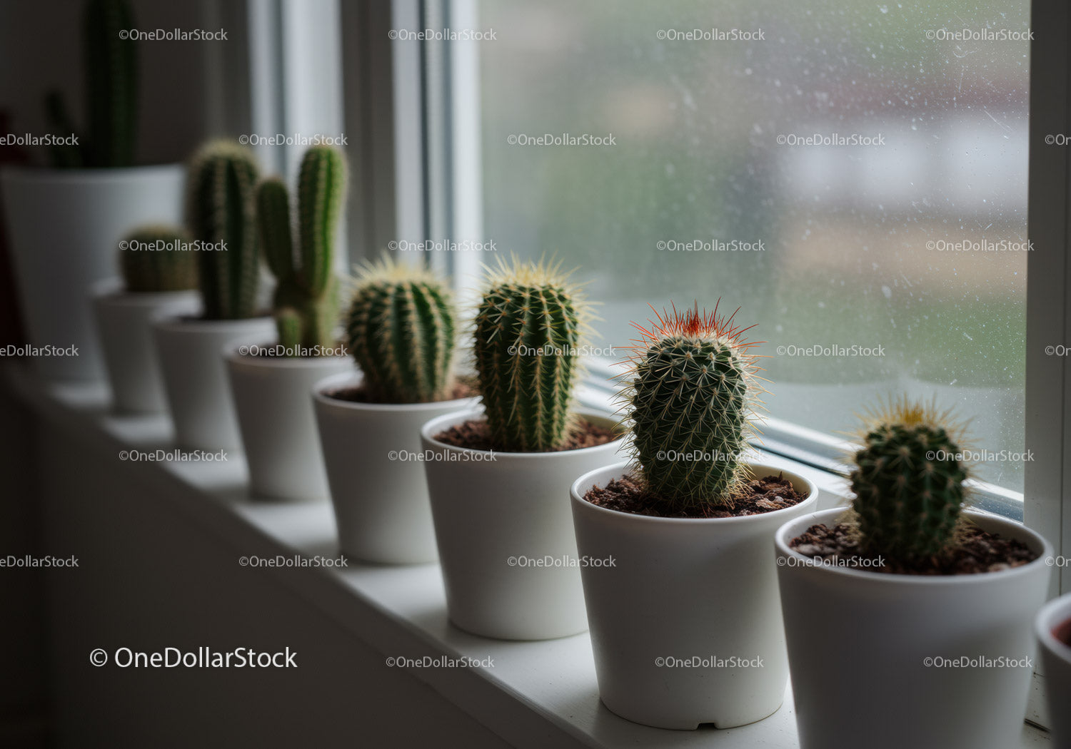 Collection of Green Cacti and Succulents on Windowsill For Indoor Decor