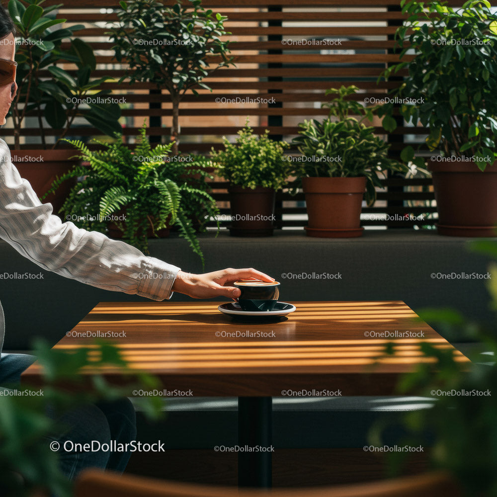 Hand Holding Coffee Cup in a Cozy Cafe Surrounded by Plants