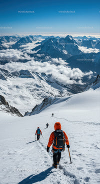Snowy Mountain Climbing Adventure with Group of Hikers