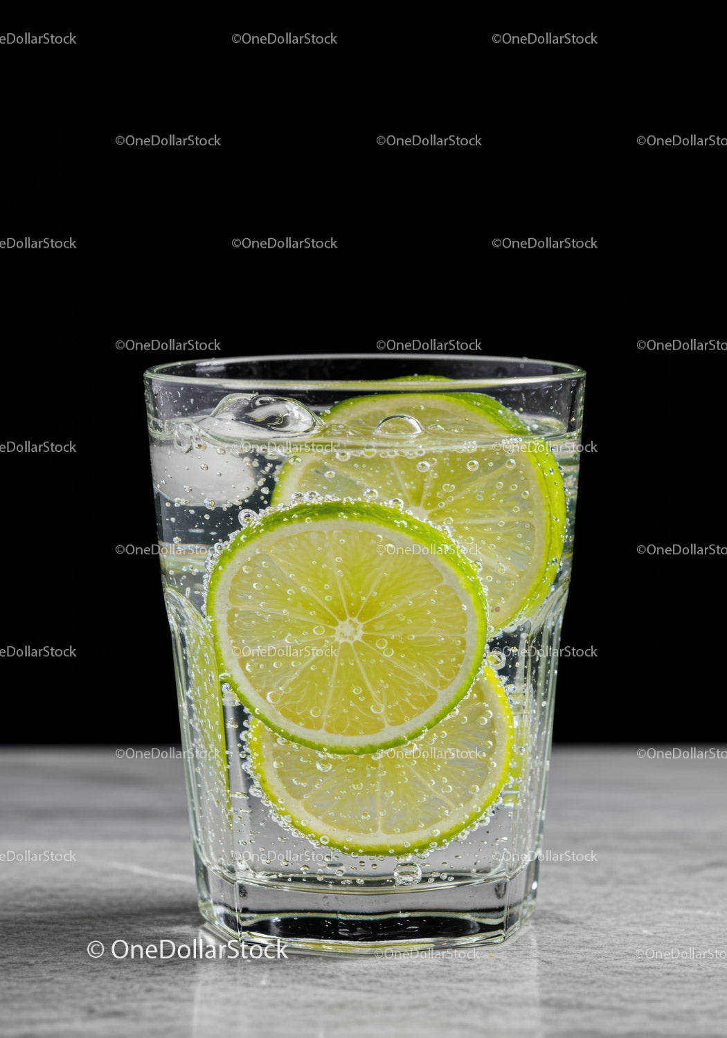 Refreshing sparkling water with lime slices on marble