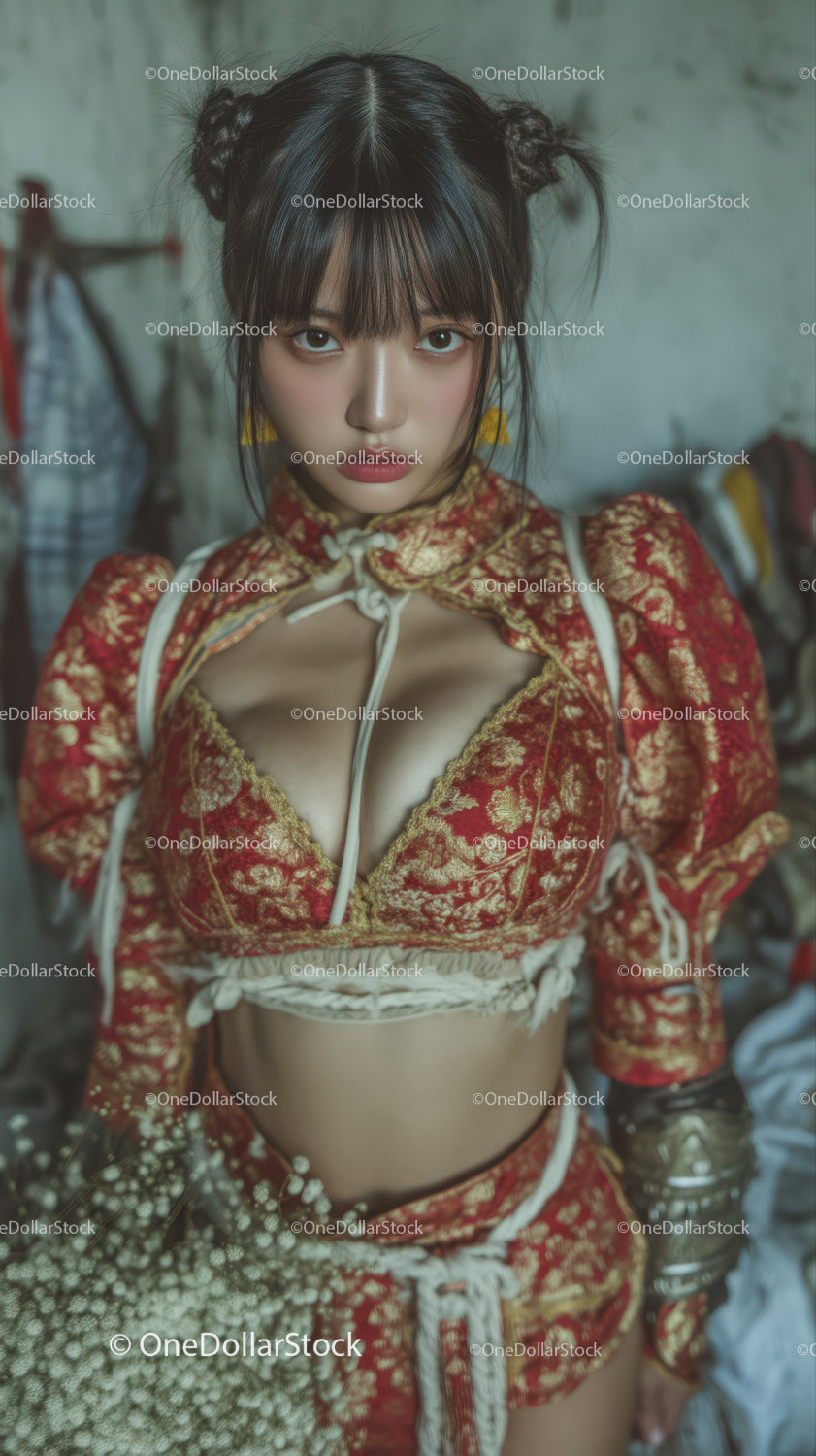 Young Woman in Red and Gold Traditional Fashion with Confident Expression