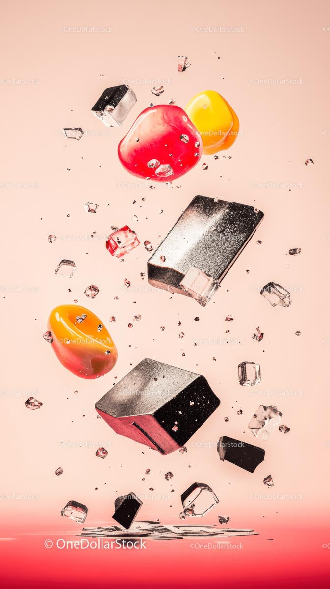 Colorful Gummies and Ice Cubes Splash in Playful Composition