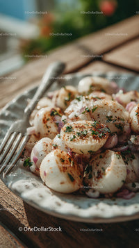 Marinated Quail Eggs with Red Onion and Cilantro on Rustic Plate
