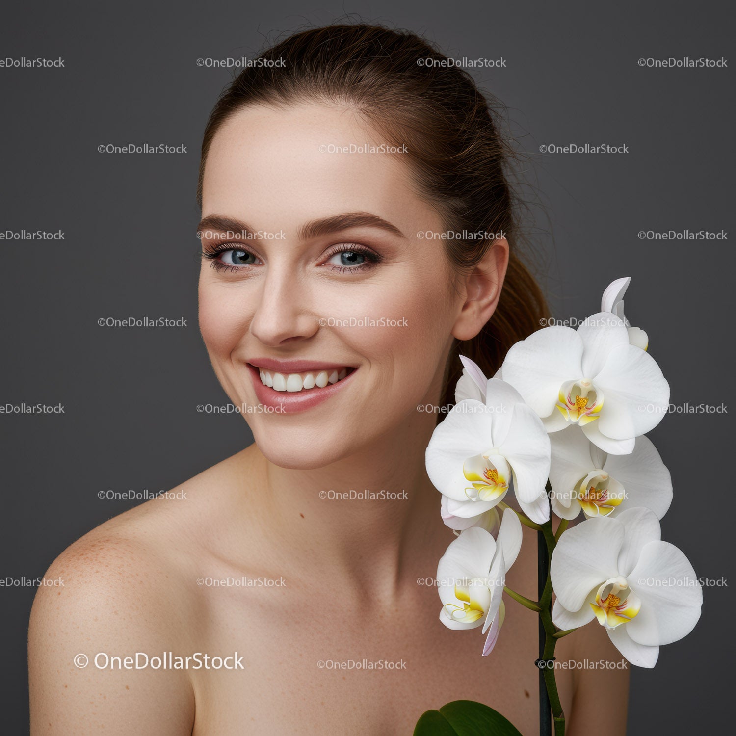Elegant Woman with White Orchid Flower Beauty Portrait
