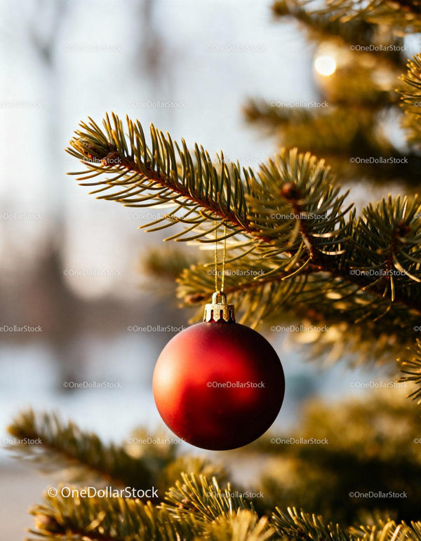 Red Christmas Ornament Hanging on Pine Tree Branch