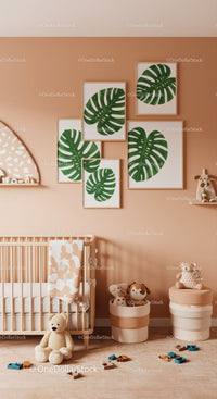 Modern Baby Nursery Decor with Green Monstera Leaf Wall Art