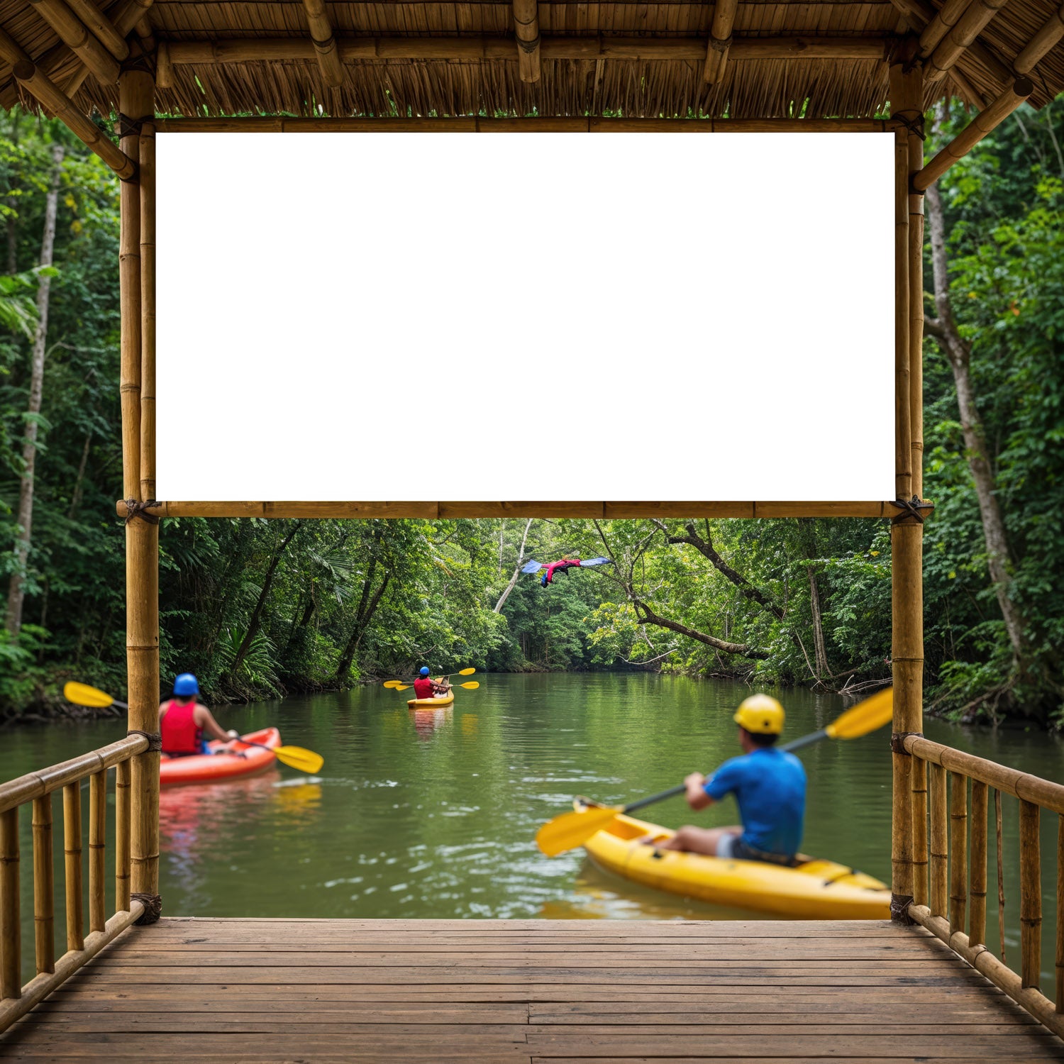 Kayakers paddling through lush tropical river scenery