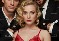 Elegant Woman in Red Lace Top Flanked by Two Suave Men in Black Suits