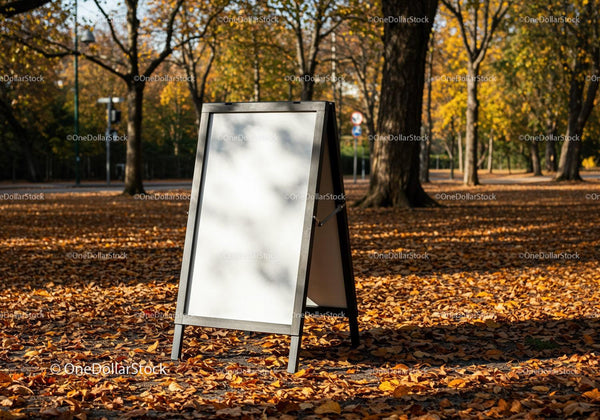 Pusta tablica stojąca na jesiennej ścieżce w parku