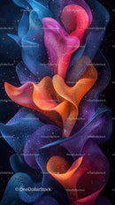 Colorful Abstract Digital Art with Flowing Waves and Glowing Particles