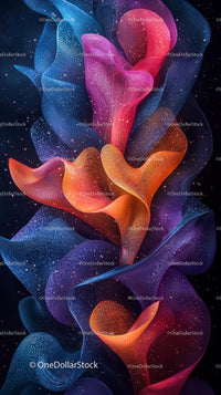 Colorful Abstract Digital Art with Flowing Waves and Glowing Particles