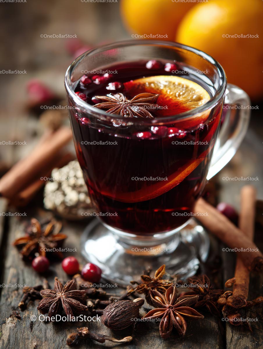 Delicious Mulled Wine with Citrus and Spices in a Glass Mug