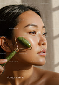 Close-Up of Young Woman Using Jade Roller for Facial Massage