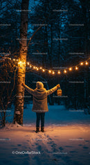 Child holding lantern under glowing string lights in snowy forest