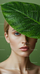 Close-up of a Woman with Blue Eyes Hidden Behind Large Green Leaf