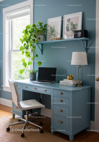 Stylish Home Office with Blue Desk, Plants, and Modern Decor