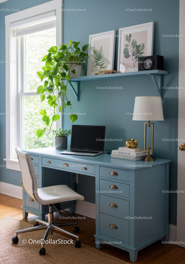 Stylish Home Office with Blue Desk, Plants, and Modern Decor