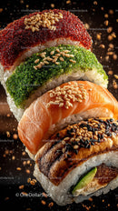 Colorful Assorted Sushi Rolls with Fish and Vegetables on Black Background