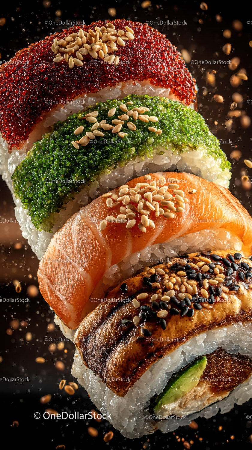 Colorful Assorted Sushi Rolls with Fish and Vegetables on Black Background