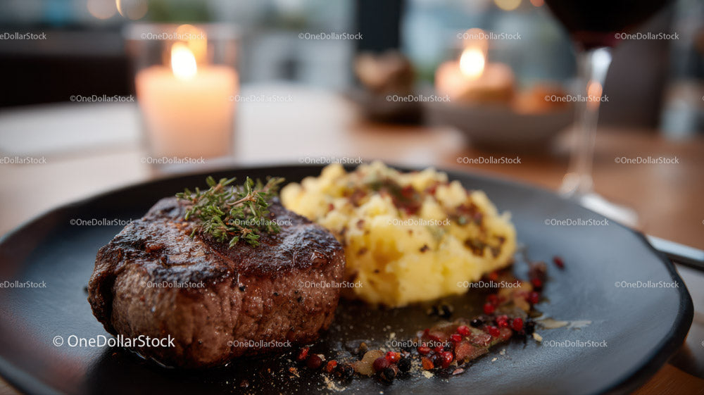 Stek gourmet z puree ziemniaczanym na eleganckim talerzu w eleganckiej restauracji
