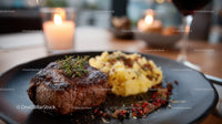 Gourmet Steak with Mashed Potatoes on Elegant Plate in Fine Dining Setting