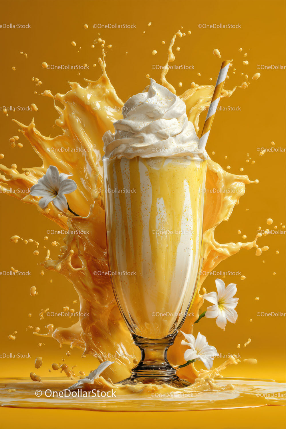 Orange Milkshake with Whipped Cream and Splash in Glass