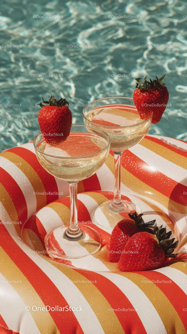 Strawberries and Champagne Glasses on Poolside Inflatable in Summer
