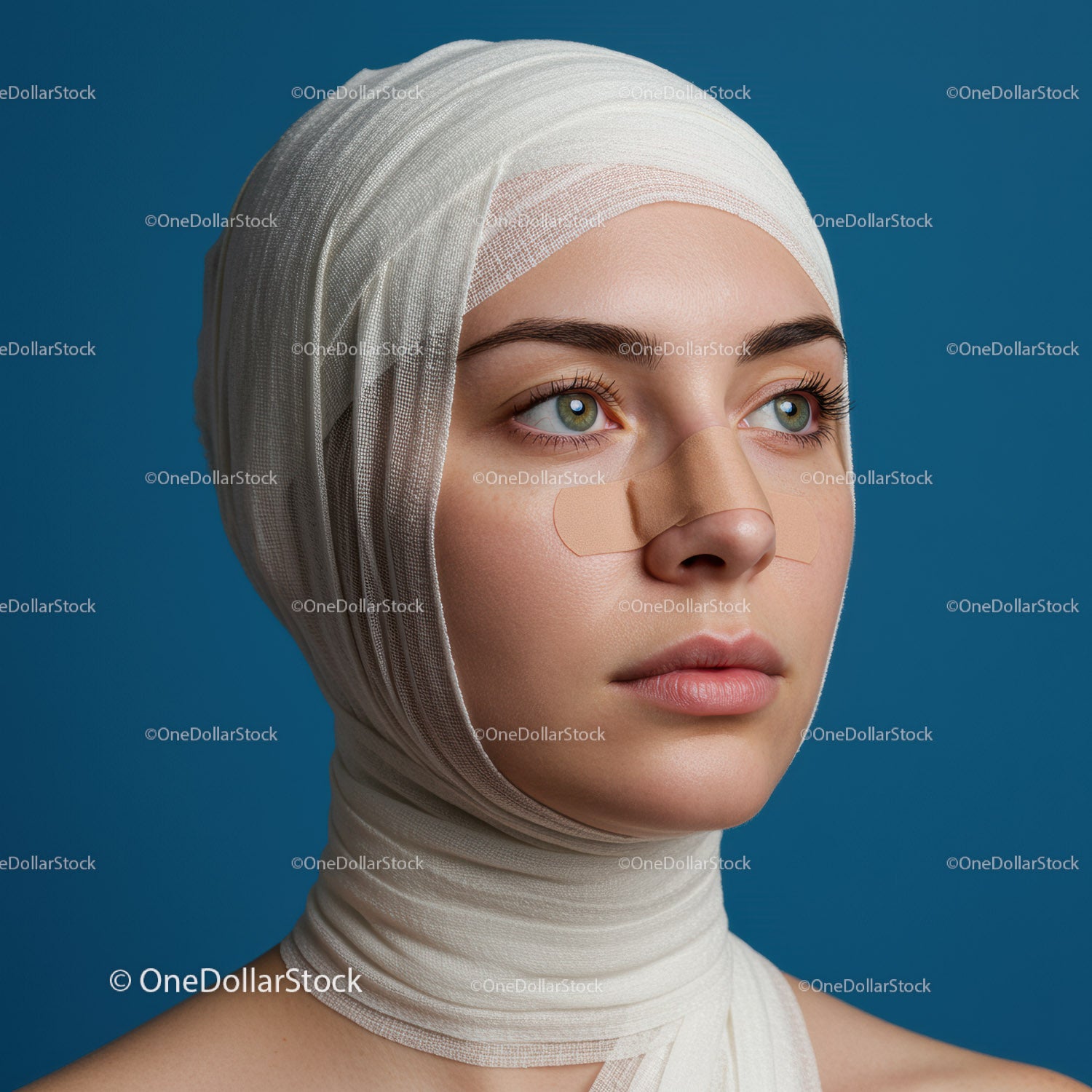 Young Woman with Bandaged Face Looking Thoughtfully in the Distance