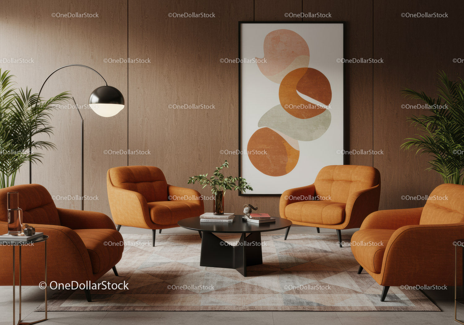 Modern living room with orange armchairs and abstract art