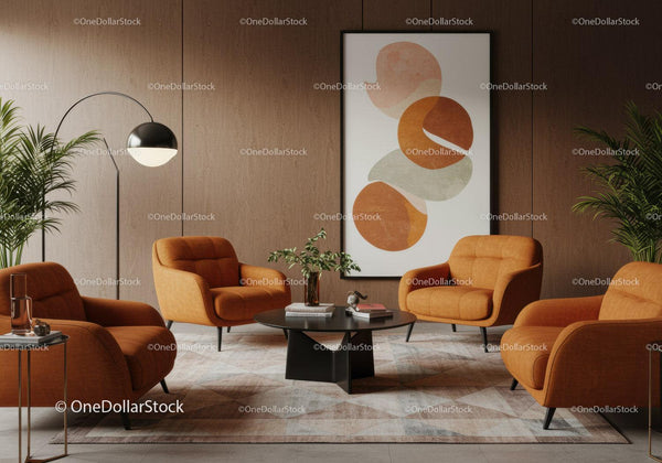 Modern living room with orange armchairs and abstract art