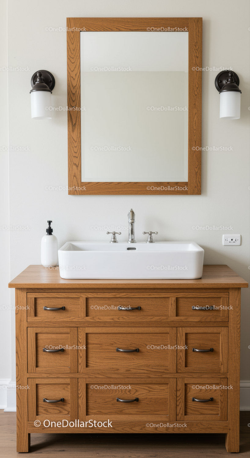 Wooden Bathroom Vanity with White Sink and Wall-Mounted Lights