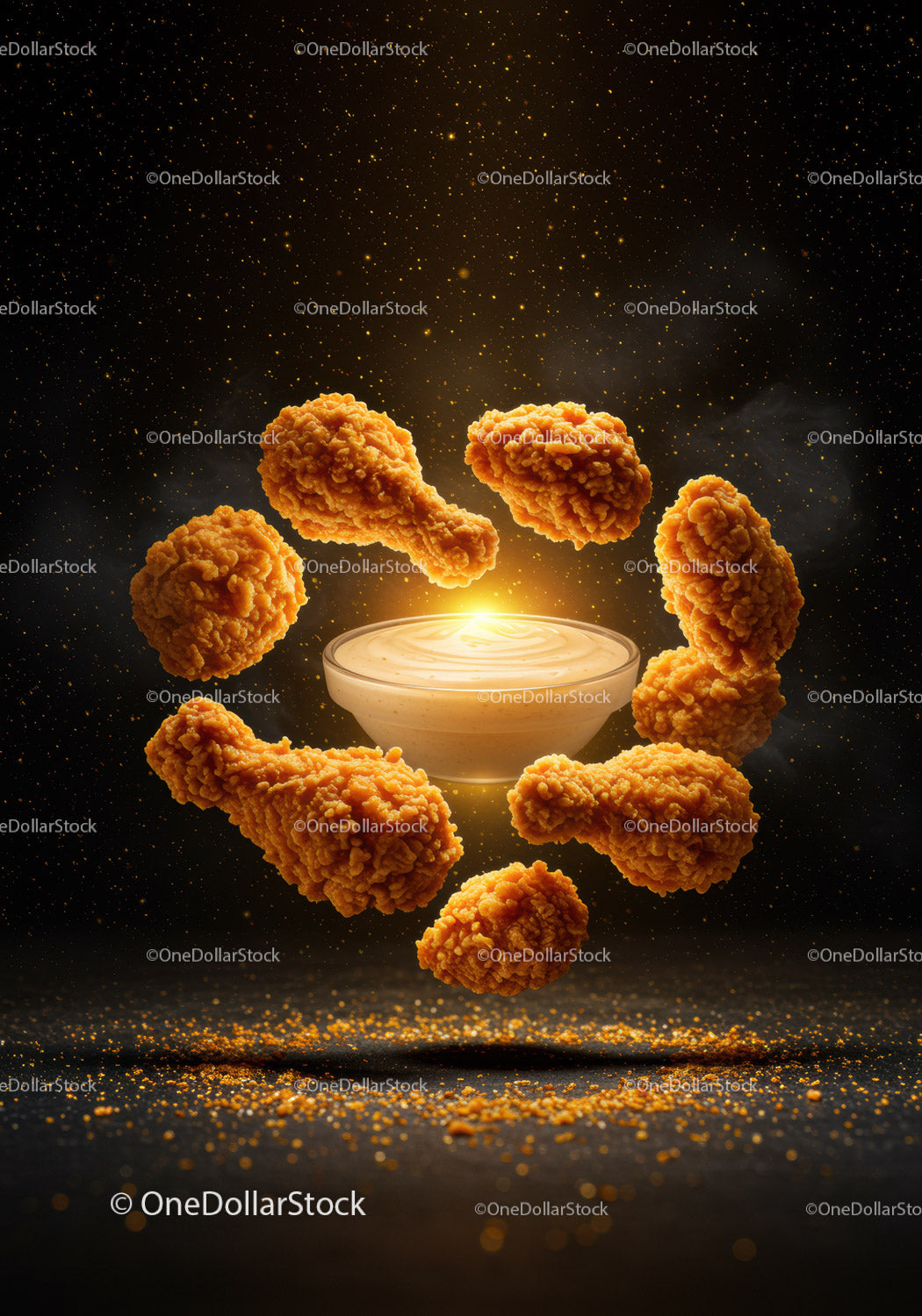 Golden Fried Chicken Drumsticks Surrounding Creamy Dip