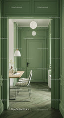 Green Walled Interior with Pendant Lighting and Wooden Furniture